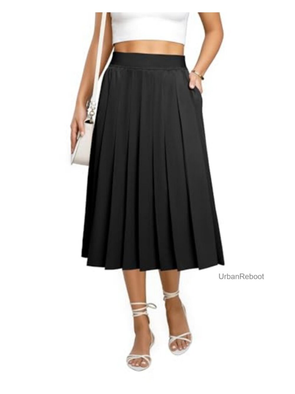 Pleated Midi Skirt with Pockets Elastic High Waist Flowy A-Line Work Skirt